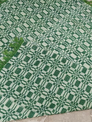 Handwoven Blanket with Traditional Green and Cream Pattern, Like New