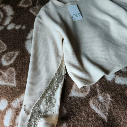 Zara blouse new, beige with rhinestone chain on sleeves