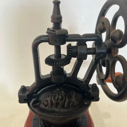 Vintage manual coffee grinder used, porcelain, wood base, cast iron