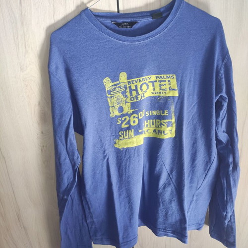 Zara Men Long Sleeve Shirt Blue Raf with Yellow Vintage Print Beverly Palms Hotel used