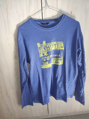 Zara Men Long Sleeve Shirt Blue Raf with Yellow Vintage Print Beverly Palms Hotel used