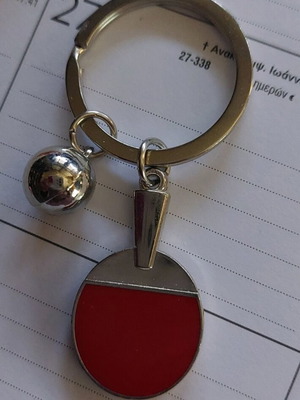 Keychain with ping pong paddle and bell, red, new