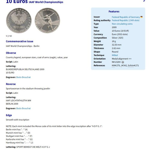Silver coin 10 euro 2009 "IAAF World Championships" like new