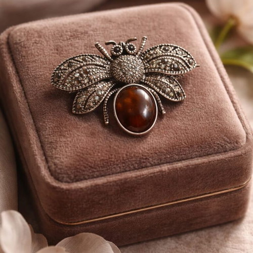 Vintage silver bee brooch with Cat’s Eye stone used