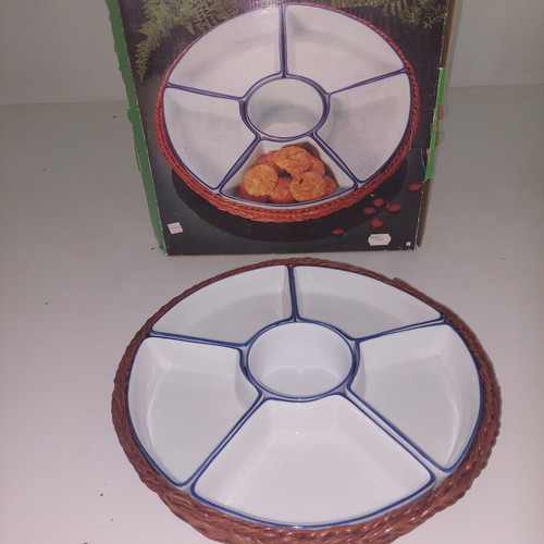 Retro vintage serving set with ceramic snack plates and wicker base