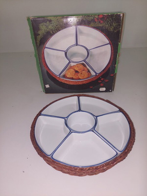 Retro vintage serving set with ceramic snack plates and wicker base