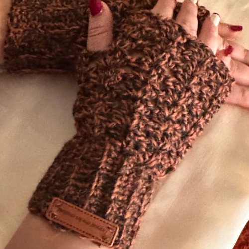 Handmade knitted set scarf, hat and gloves brown