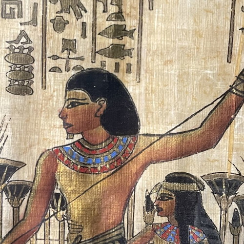 Handmade painting on Egyptian papyrus with frame used