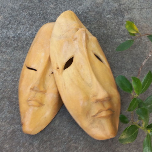 Handmade wooden Happy-Sad theatrical masks set like new