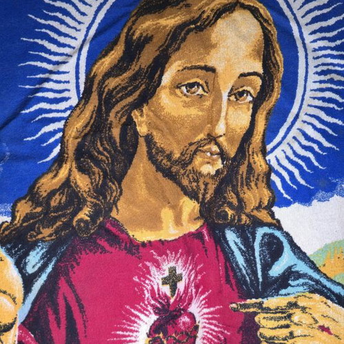 Vintage woven wall tapestry depicting Jesus with angels, like new