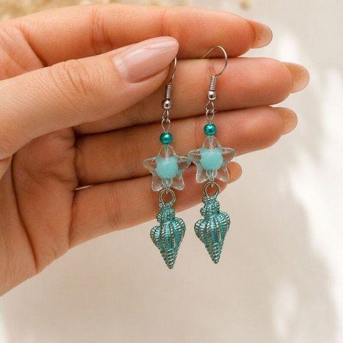 Ocean Whisper Handmade Earrings with Starfish and Turquoise Shell
