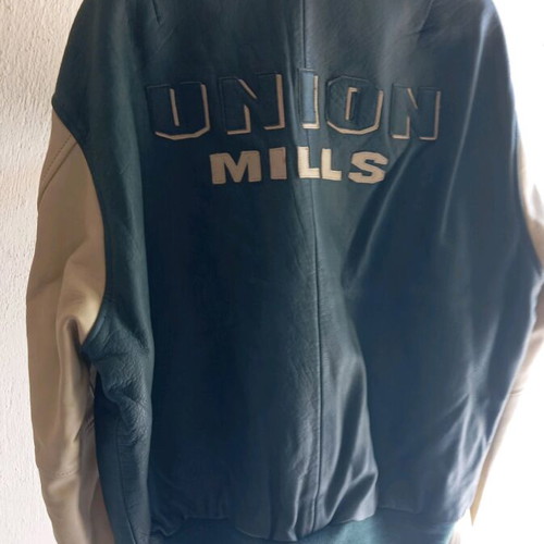 Union Mills Leather Bomber Jacket new beige green