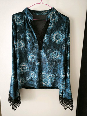 Velvet blouse long-sleeve with lace new, petrol color