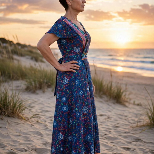 Floral Print Long Summer Dress like new, bat sleeve, v neck, wrap boho