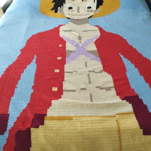 Handmade knitted blanket with Luffy from One Piece, made to order