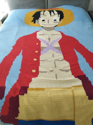 Handmade knitted blanket with Luffy from One Piece, made to order