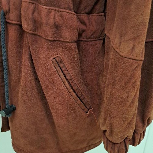 Men's suede jacket used, vintage brown-burgundy with hood, size M