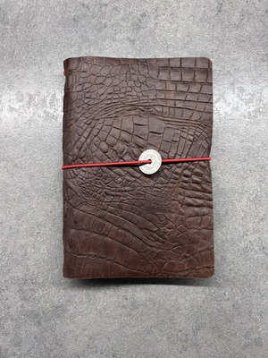 Handmade leather notebook "Crocodile Brown" A5 with red elastic band