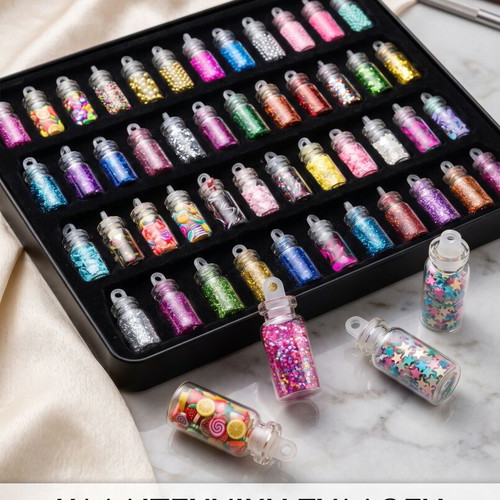 Set of 48 Glitter and Nail Art Flakes in Glass Bottles with Metal Case