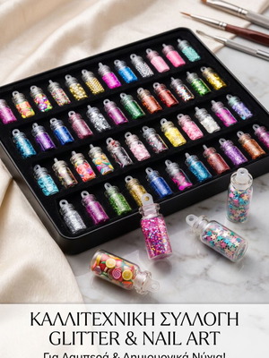 Set of 48 Glitter and Nail Art Flakes in Glass Bottles with Metal Case