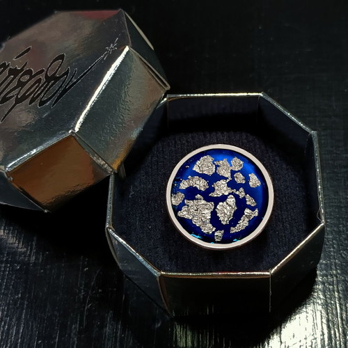 Aegean Moon ring stainless steel with blue enamel and silver leaves, new