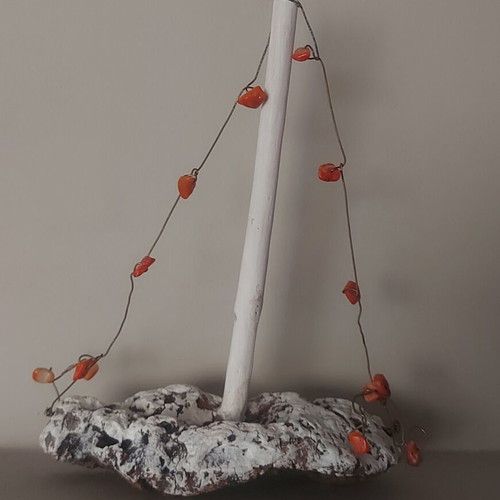 Handmade boat with driftwood, wire and beads