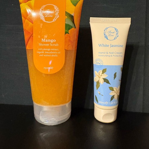 Fresh Line Mango shower scrub 150 ml and White Jasmine hand and nail cream 50 ml new