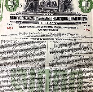 1953 Τίτλος 1000 Δολαρίων του δανείου(mortgage bond) προς την Εταιρεία Σδηροδρομων της  Νέας Υόρκης οριμαζει και αποπληρώνεται το 1973  37x25cm