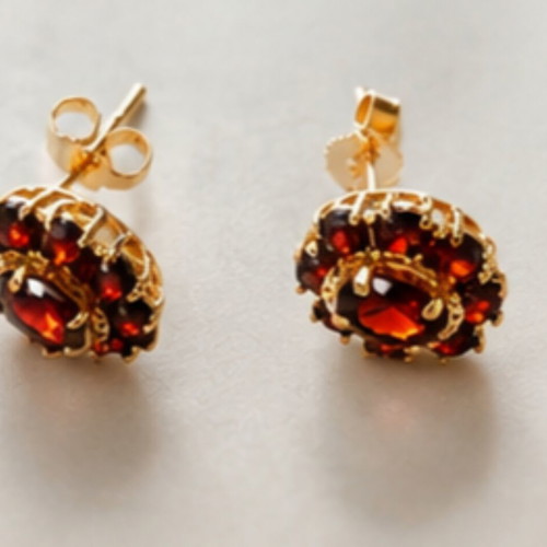18K Gold Rosette Earrings with Garnets, 4.6g