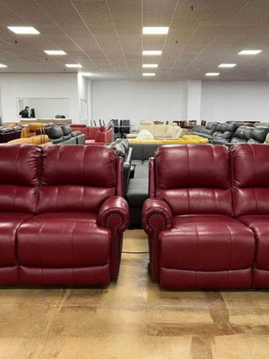 Red sofas two double sets new, genuine leather with relaxing mechanism