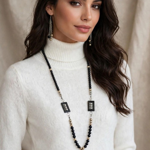 Handmade black beaded long necklace and earrings set