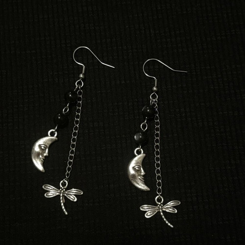 Handmade earrings with moon and dragonfly charms silver