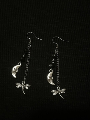 Handmade earrings with moon and dragonfly charms silver