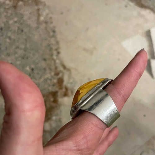 Silver ring with amber stone used, handmade