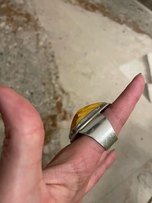 Silver ring with amber stone used, handmade
