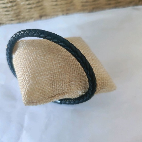 Bracelet cuff made of steel and genuine leather, new, black