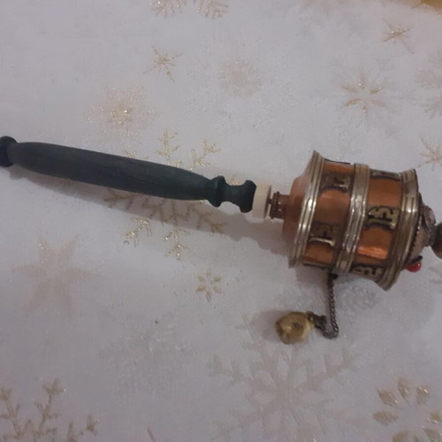 Tibetan Prayer Wheel like new with wooden handle and copper