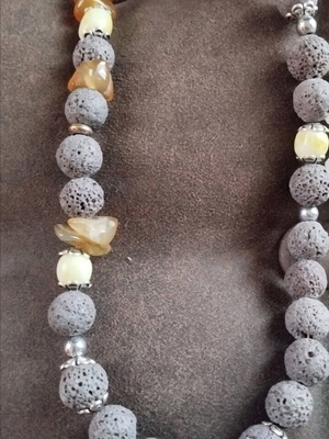 Necklace like new with leather cord, gray lava stones and honey agate 30 cm