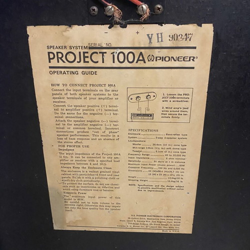Pioneer Project 100A vintage speakers pair with 10” woofer used