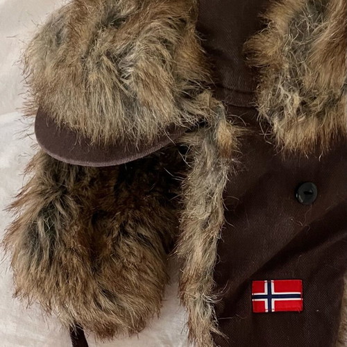 Faux fur hat used, beige and brown, size XS
