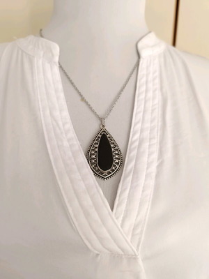 Handmade women's stainless steel necklace with teardrop pendant and black enamel new