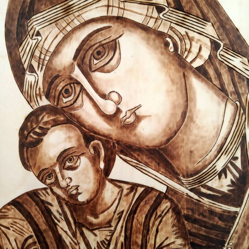 Pyrography painting The Virgin Mary of Axion Esti new on linden wood