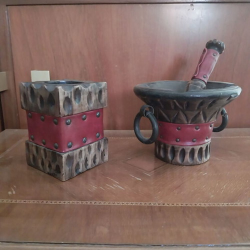 Vintage decorative set mortar and pencil holder made of wood and leather like new