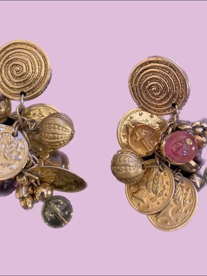Vintage clip-on earrings gold pink used, 6cm