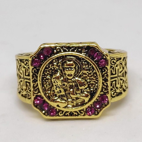 Byzantine men's ring with embossed saint and purple stones like new
