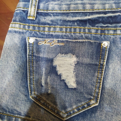 Jeans shorts decorated with beads, size S