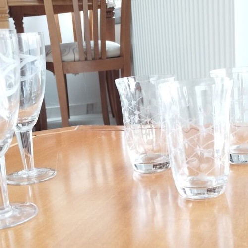 Vintage set of 7 wine and liqueur glasses with floral etching