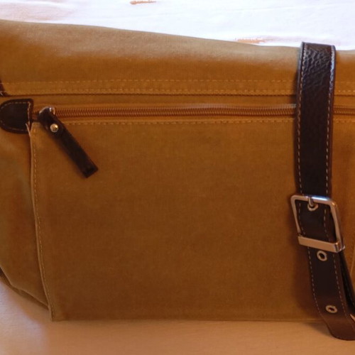 Women's crossbody bag like new, khaki fabric with brown leather straps