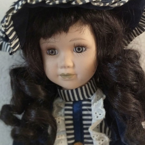 Porcelain doll vintage used, large, velvet dress, 42 cm