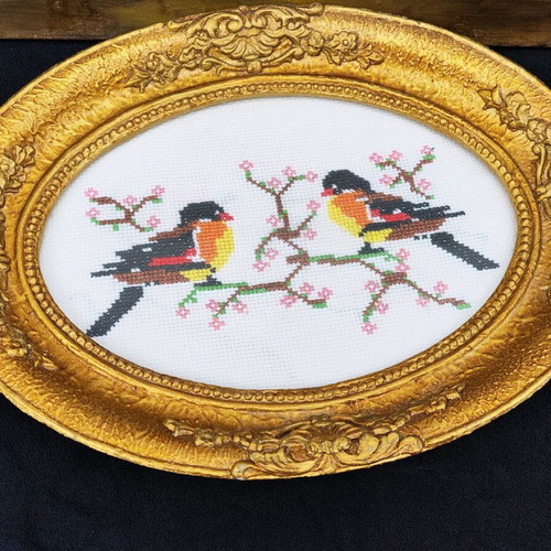 Vintage gobelin with birds used, golden baroque relief frame